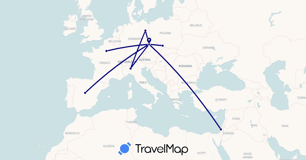 TravelMap itinerary: driving in Czech Republic, Germany, Spain, France, Ireland, Israel, Italy (Asia, Europe)